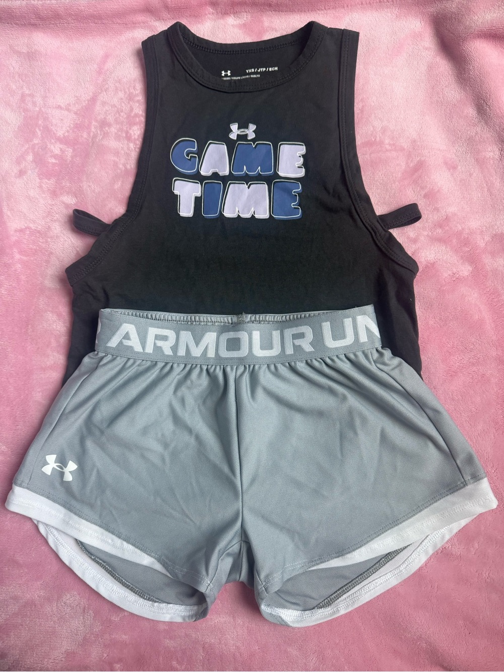 Under Armour Black Tank with Blue/White 'Game Time' & Gray Shorts Set